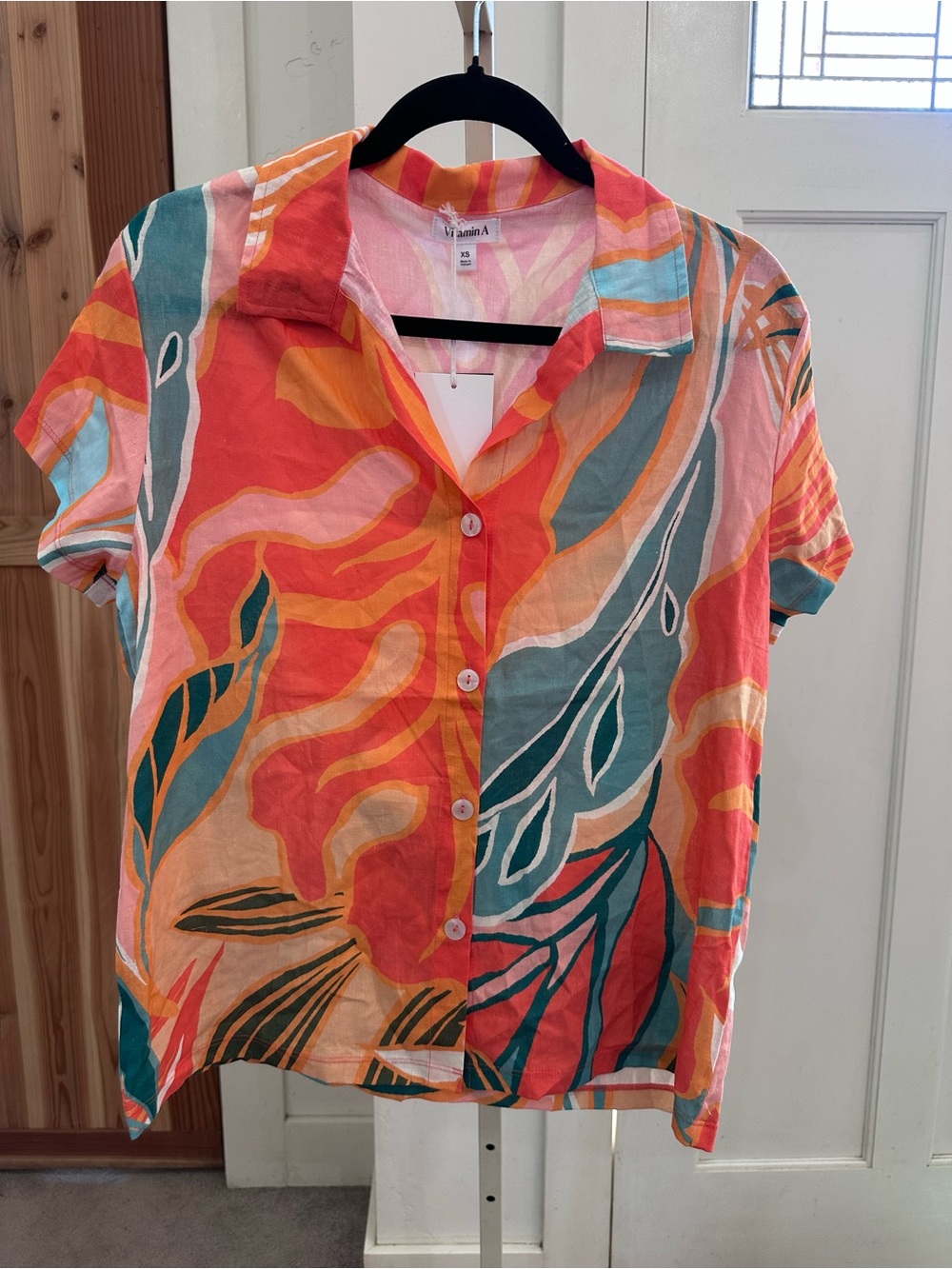Vitamin A Coral, Teal & Peach Tropical Button-Up Linen Shirt XS Oversized